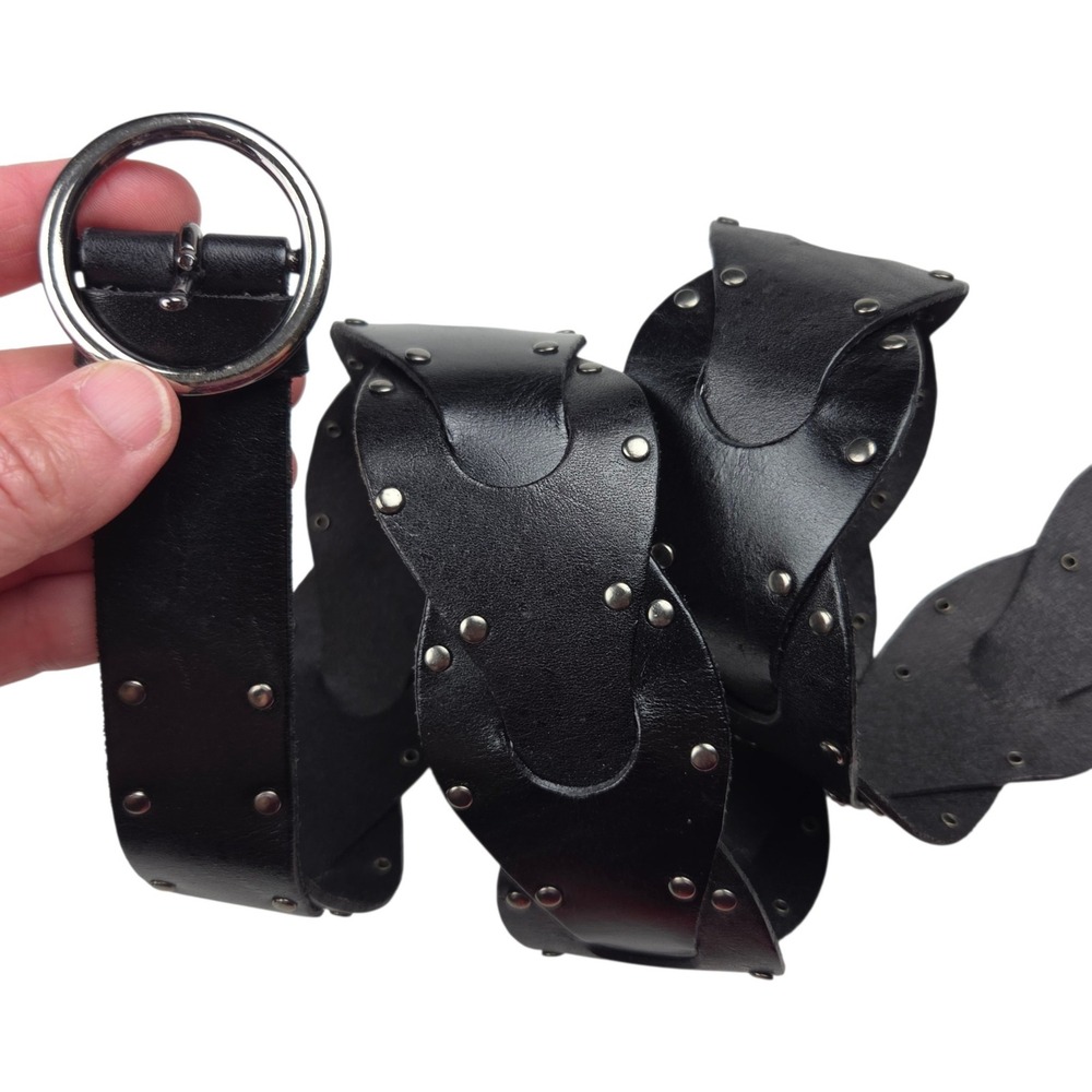 The Limited Studded Leather Belt L Black Wavy Scalloped Edgy Biker Y2K Boho